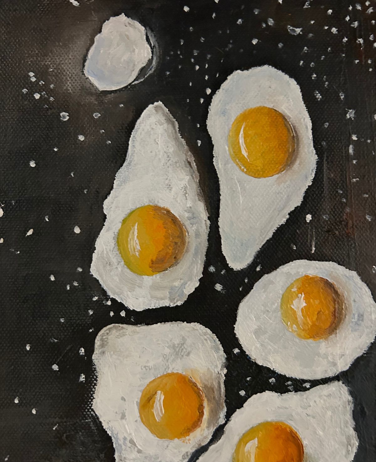 a painting of eggs on a black background